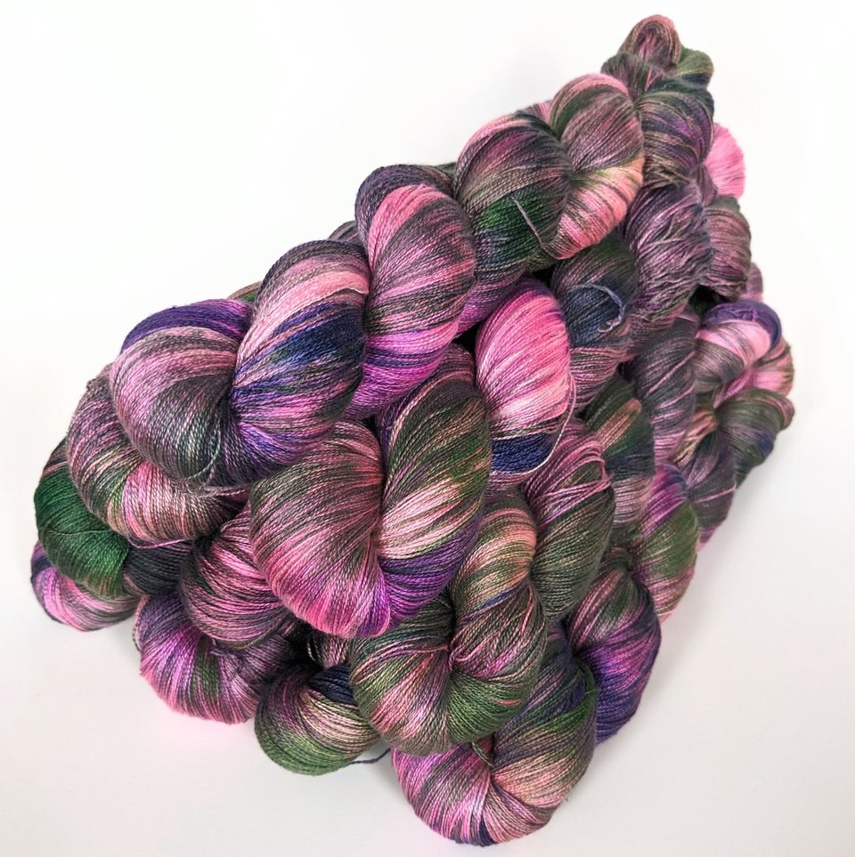 Hand Dyed. Hand Painted Yarn - Mulberry Silk - Lace Weight Yarn - Whisked Away