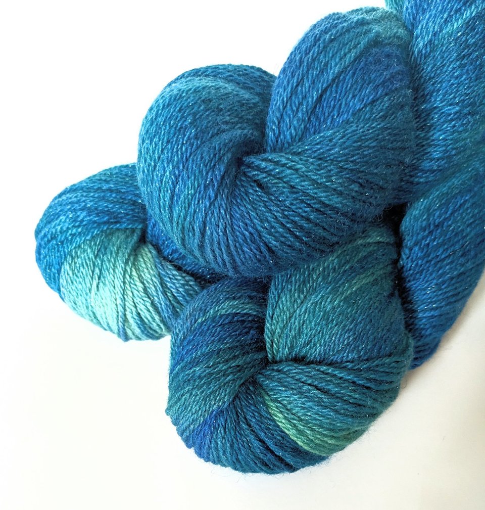 Hand Dyed. Hand Painted Yarn - BFL / Silk / Stellina - Blue Lagoon 