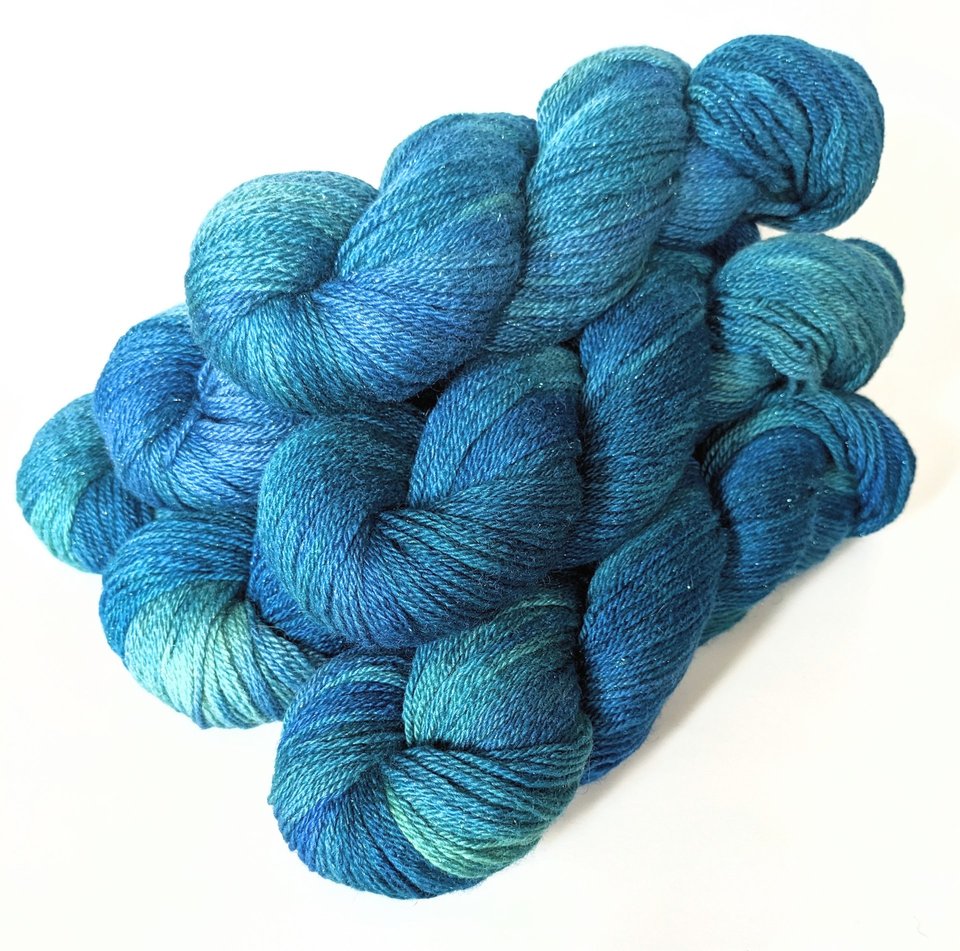 Hand Dyed. Hand Painted Yarn - BFL / Silk / Stellina - Blue Lagoon 