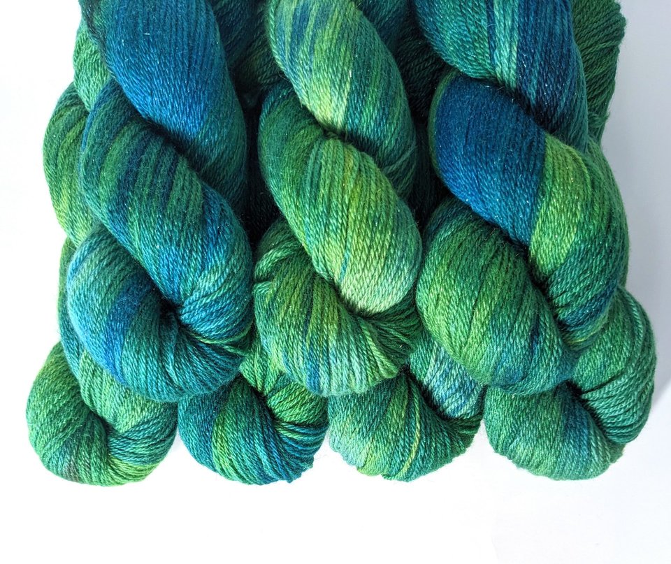 Hand Dyed. Hand Painted Yarn - BFL / Silk / Stellina - Rainforest 