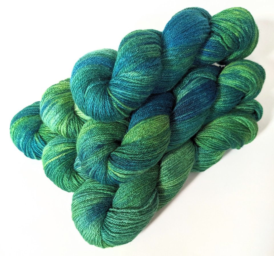 Hand Dyed. Hand Painted Yarn - BFL / Silk / Stellina - Rainforest 